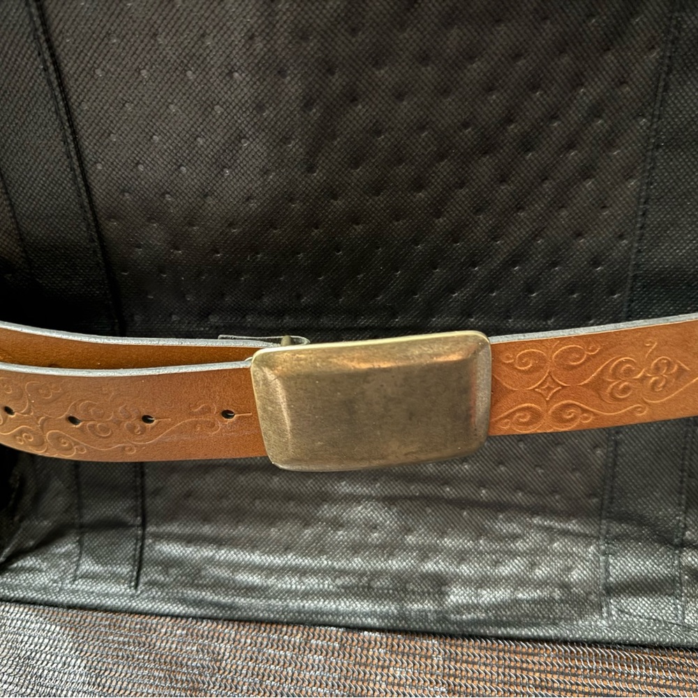 Men's Brown Tooled Leather Belt with Antiqued Brass Buckle, Medium